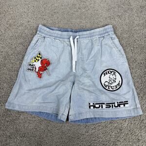Hot Stuff Sweat Shorts Mens Small Blue Denim Cartoon Devil Patches 6 In Inseam